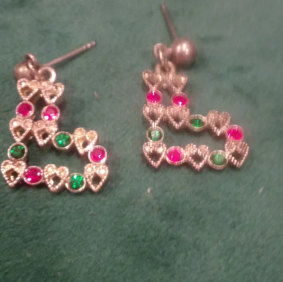 3/$18 Holiday Stocking Dainty Dangle Earrings Ruby Emeralds Sterling Silver - Picture 4 of 10